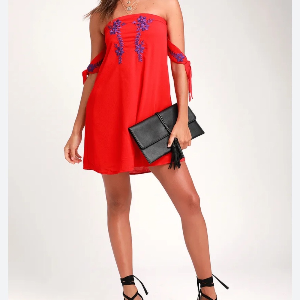 Lulu’s Crysta Red Embroidered Off Shoulder Mini Dress